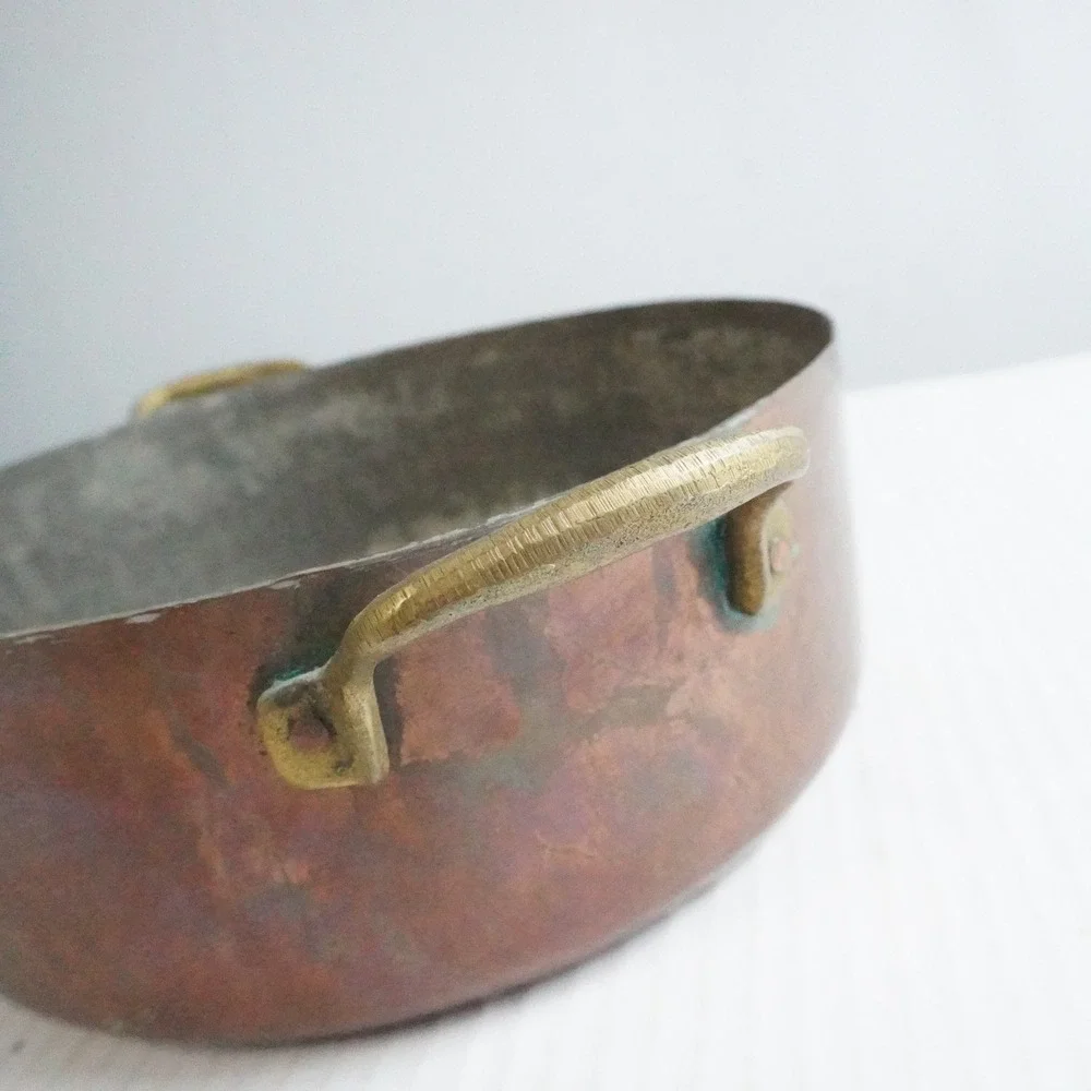 Vintage Copper Stew Pot with Brass Handles Round Kitchen Cookware Cottagecore